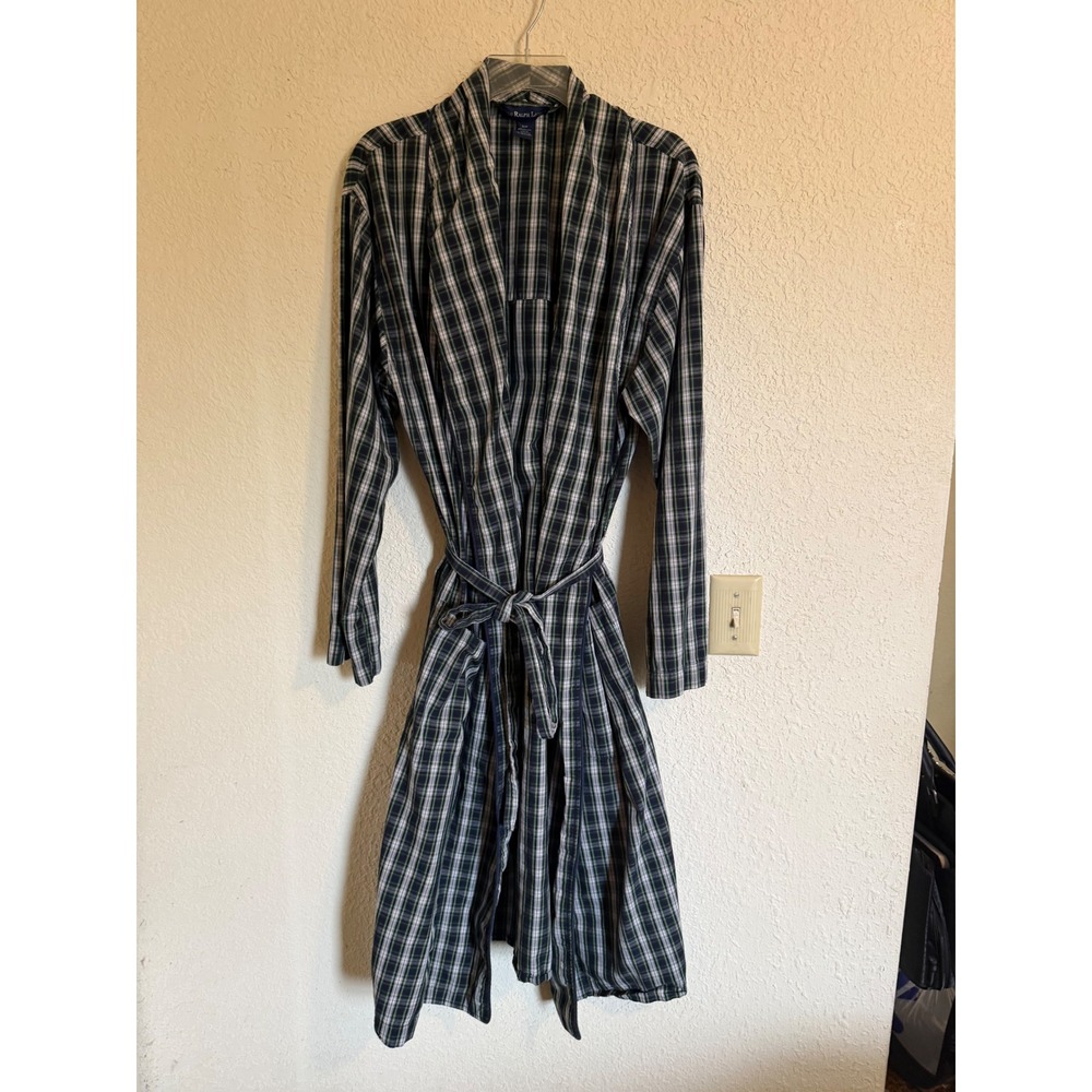 Polo Ralph Lauren Mens Plaid Cotton Robe Navy Blue Green Shawl Collar S/M
